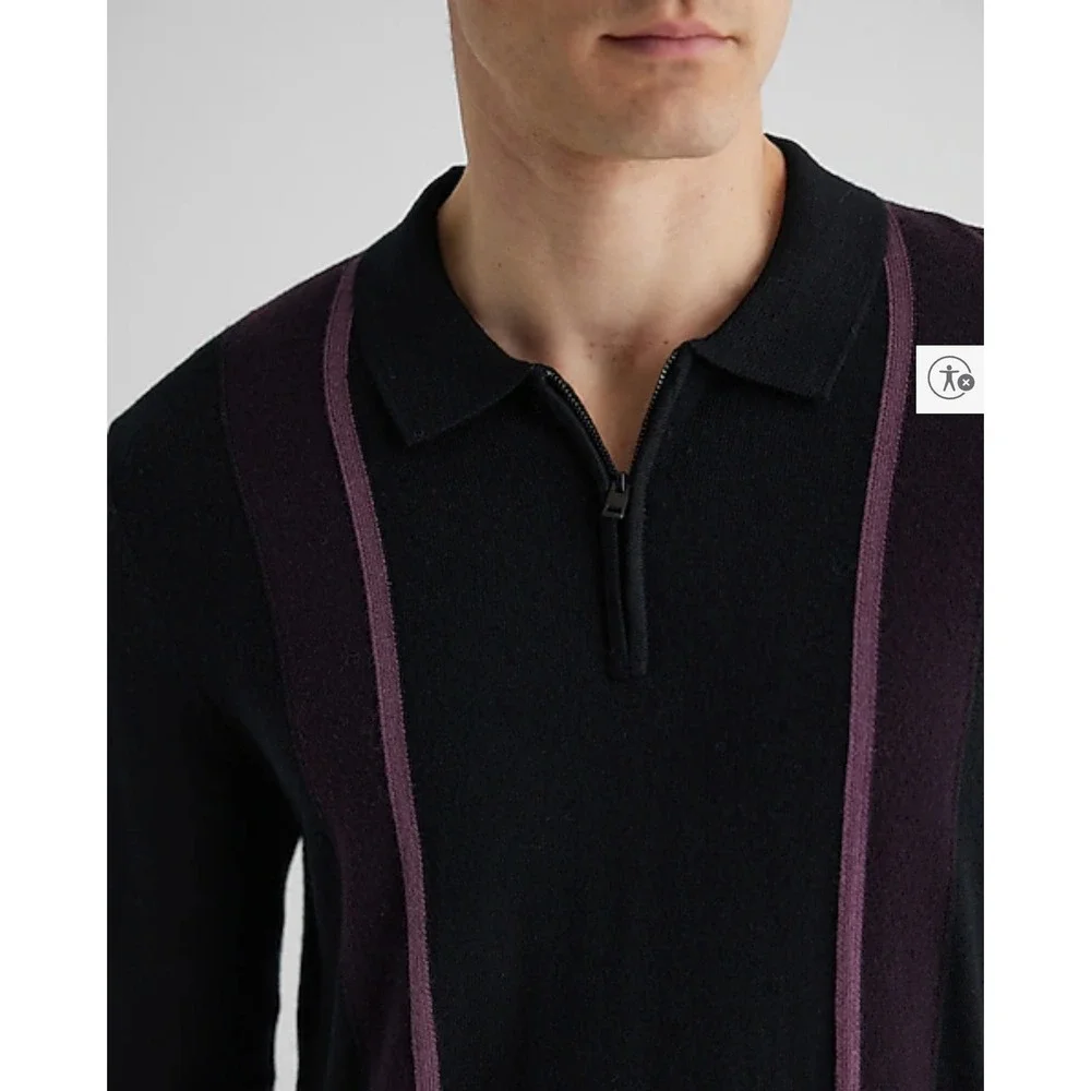 Express 100% Merino Wool Quarter Zip Polo Sweater Black Purple Stripe Medium